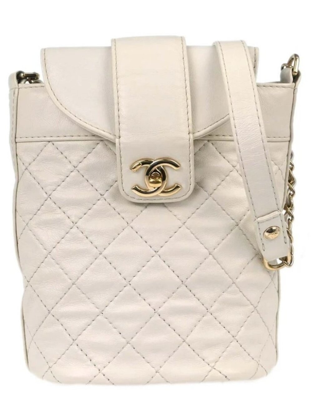 Chanel White Leather Matelasse Bucket Chain Shoulder Bag
